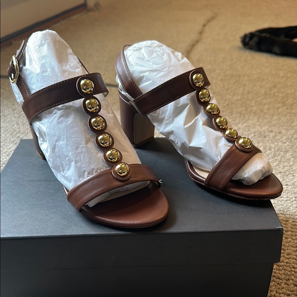 Brown Leather Heeled Sandals with Gold Accents